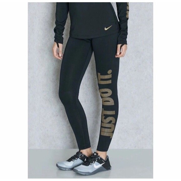 Women's Nike Pro Warm Graphic Training Tights Size XL Metallic Gold Letters - Picture 1 of 16